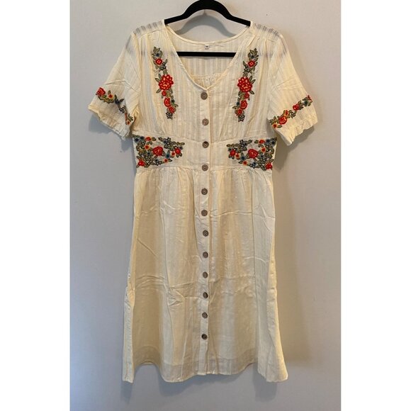 Rolee Cream Button-Down Dress Floral Embroidery Short Sleeves V-Neckline Medium - Picture 1 of 13